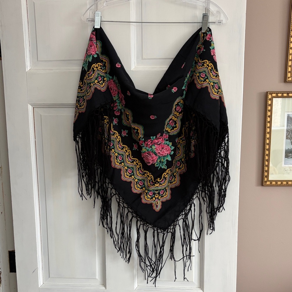 Vintage Rose Print Black Fringe Scarf